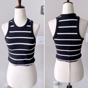 Mauve Cropped Black and White Striped Ribbed Tank Top